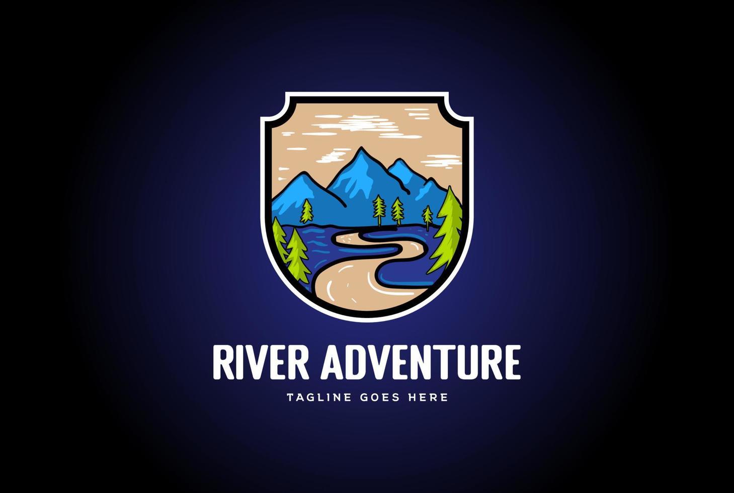 montagne de ruisseau de rivière avec emblème d'insigne de forêt de sapins de pins pour la conception de logo d'aventure de camp de randonnée en plein air vecteur