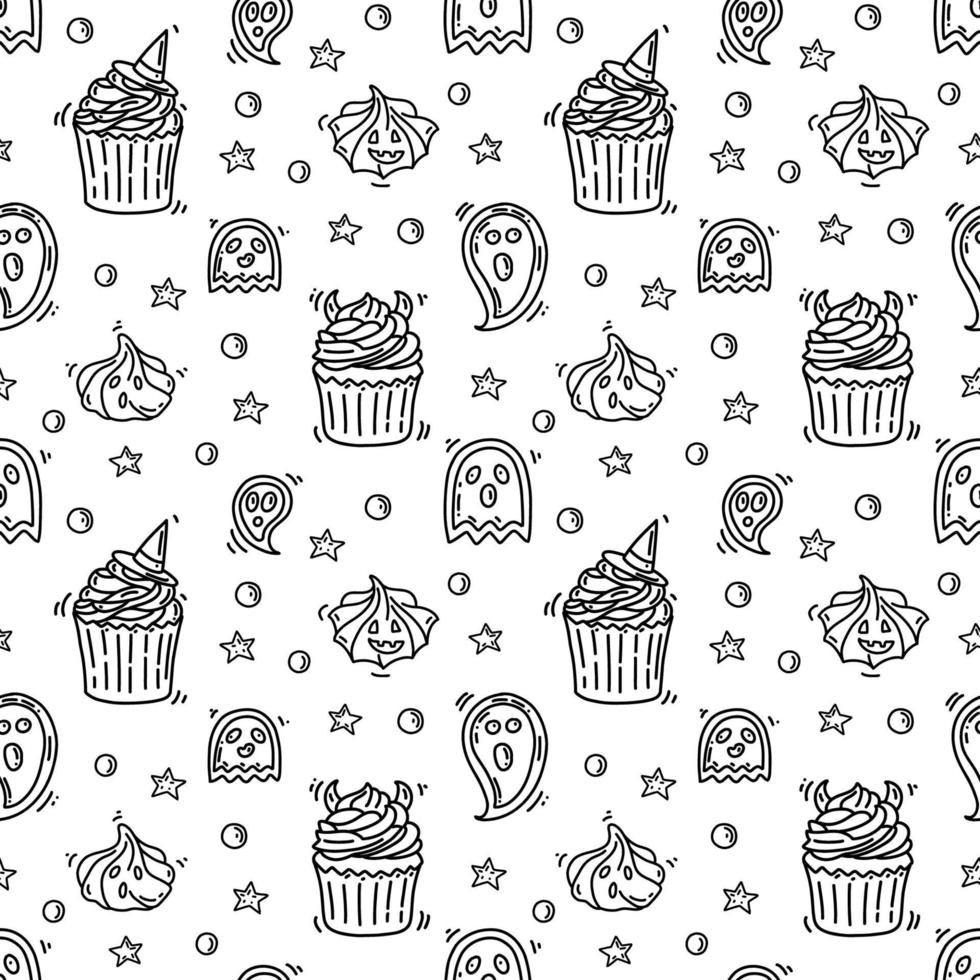 motif d'halloween avec des cupcakes effrayants et du merengue d'horreur. fond de vacances doodle avec des cookies. vecteur