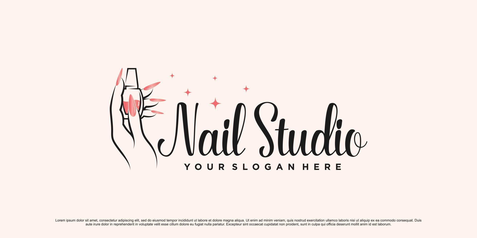 création de logo de studio de vernis à ongles pour salon de beauté avec main de femme et icône de bouteille vecteur premium