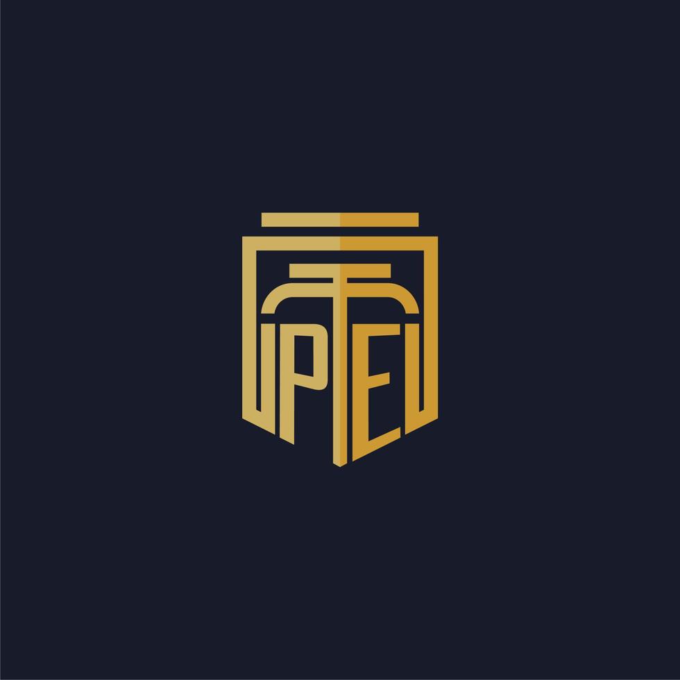 pe logo monogramme initial élégant avec un design de style bouclier pour les jeux de cabinet d'avocats muraux vecteur