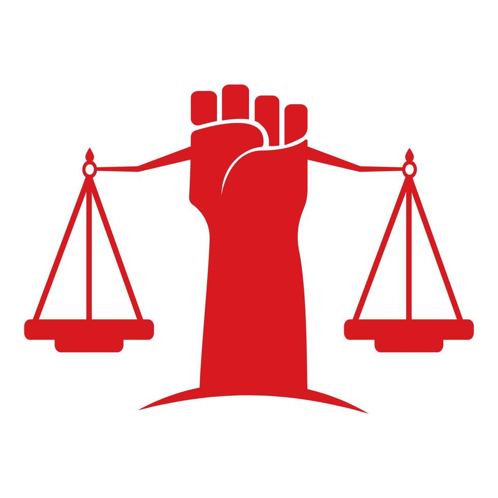 échelles de justice dans la conception de modèle de logo de main. concept de logo de justice de révolution. vecteur