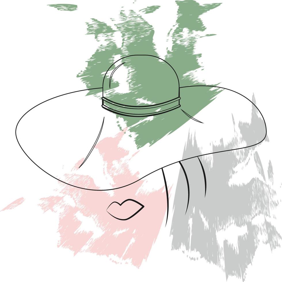 un dessin stylisé abstrait d'un visage de femme dans un chapeau sur un fond de taches colorées. isoler vecteur