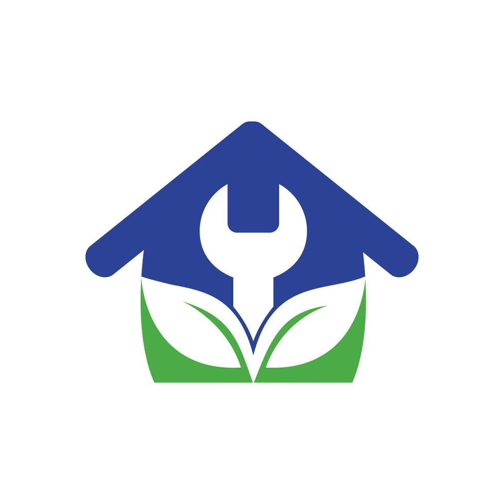 concept de logo de rénovation, de réparation et d'entretien de la maison. conception du logo de la maison combinée avec une clé et des feuilles. vecteur