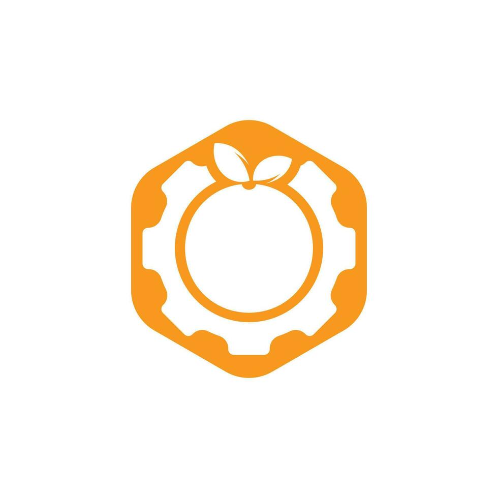 équipement avec un logo orange frais. roue dentée et création de logo icône vecteur de fruits