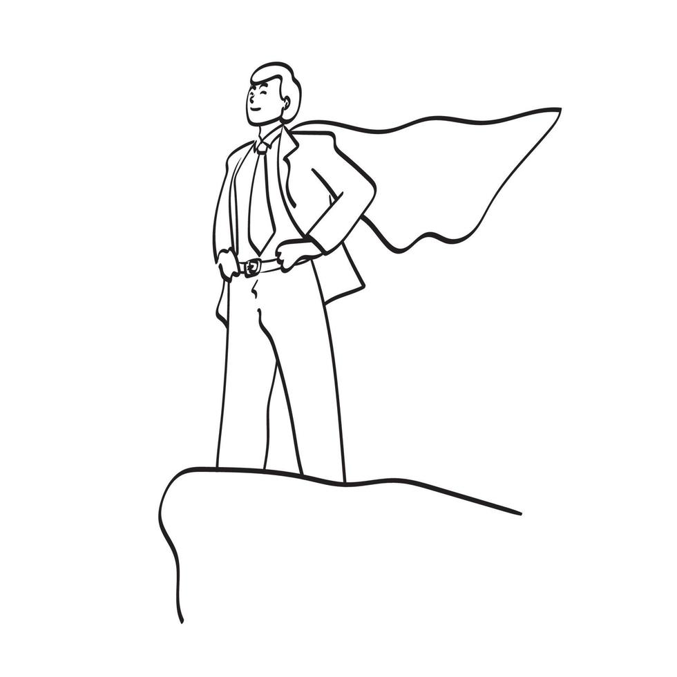 dessin au trait homme d'affaires avec cape debout sur le sommet de la montagne illustration vecteur dessiné à la main isolé sur fond blanc