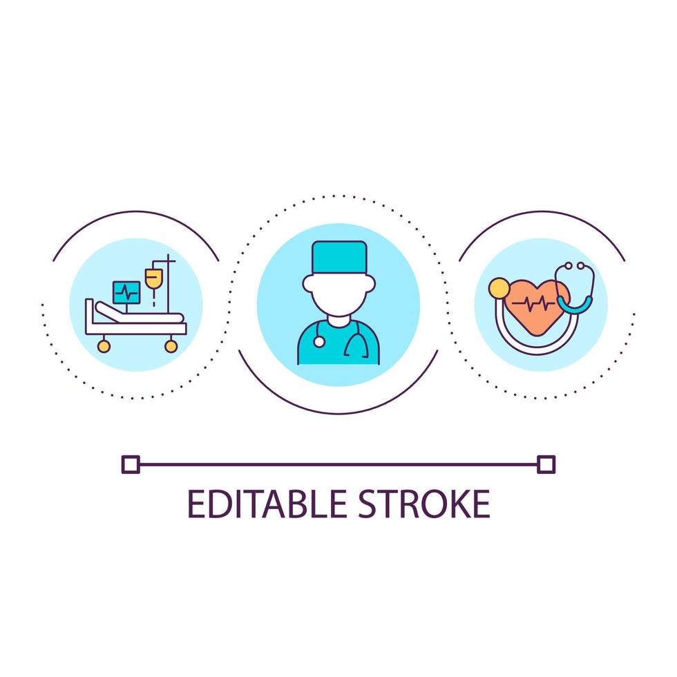 service médical pour l'icône de concept de boucle de citoyens. programme de soins de santé. patient examinant et traitant l'idée abstraite de l'illustration de la ligne mince. dessin de contour isolé. trait modifiable. vecteur