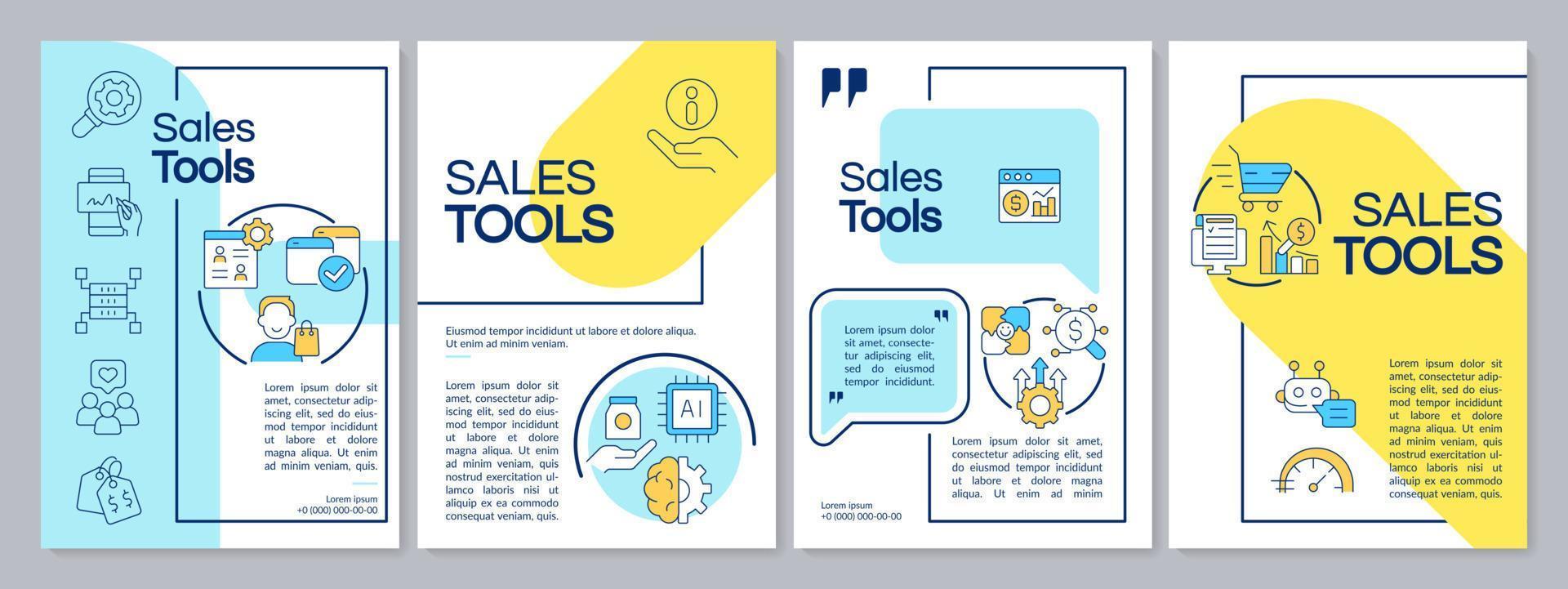 outils de vente modèle de brochure bleu et jaune. la promotion et la commercialisation. conception de dépliant avec des icônes linéaires. 4 mises en page vectorielles modifiables pour la présentation, les rapports annuels. vecteur