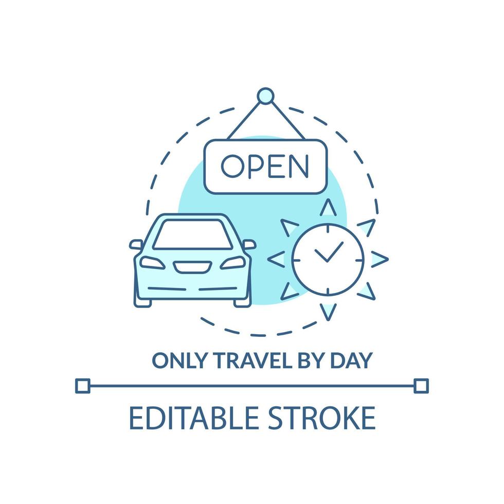 voyager uniquement par icône de concept turquoise de jour. aventure en toute sécurité. conseil de voyage sur la route idée abstraite illustration de ligne mince. dessin de contour isolé. trait modifiable. vecteur