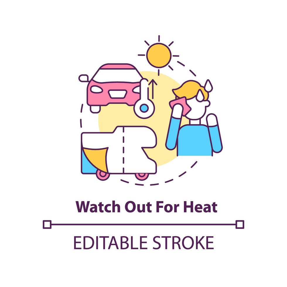 attention à l'icône de concept de chaleur. utiliser un pare-soleil pour la voiture. conseil de voyage sur la route idée abstraite illustration de ligne mince. dessin de contour isolé. trait modifiable. vecteur