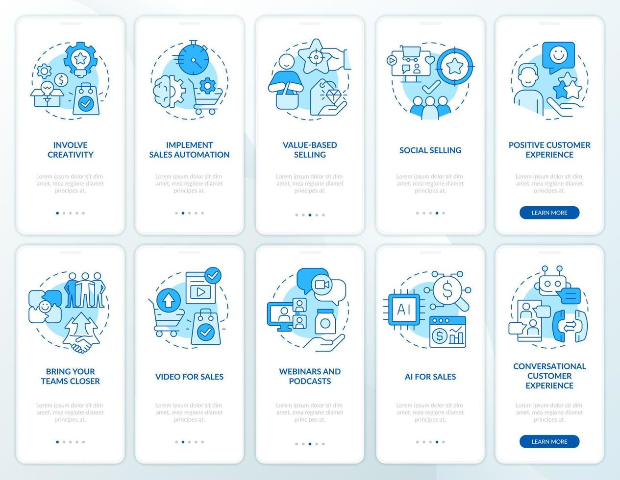 ensemble d'écrans d'application mobile d'intégration bleu tendances de vente. procédure pas à pas d'entreprise instructions graphiques modifiables en 5 étapes avec des concepts linéaires. ui, ux, modèle d'interface graphique. vecteur