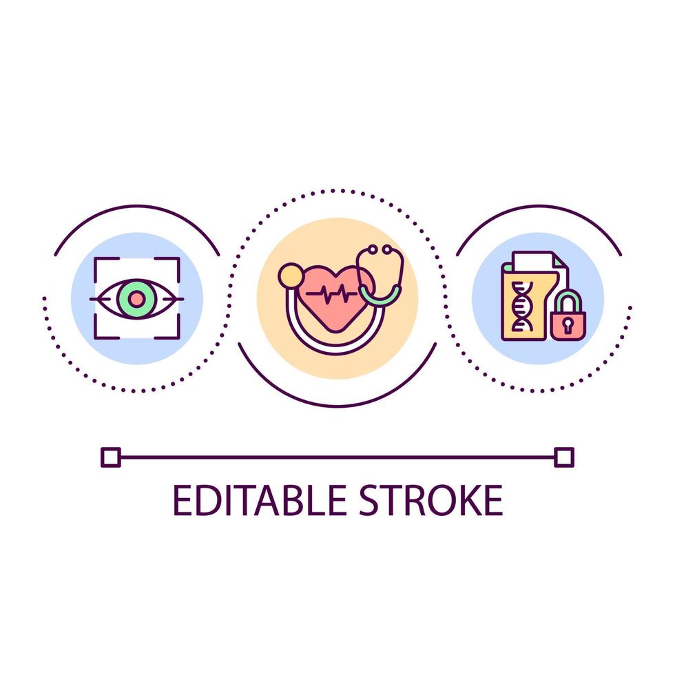 données biométriques dans l'icône de concept de boucle de soins de santé. enregistrement du patient au format numérique illustration de la ligne mince de l'idée abstraite. scanners rétiniens. dessin de contour isolé. trait modifiable. vecteur