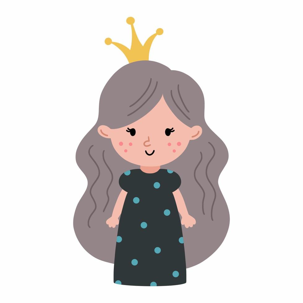 jolie princesse avec une belle coiffure. petite fille en robe. couronne sur la tête. drôle de personnage. illustration pour les enfants. pépinière d'affiches. vecteur