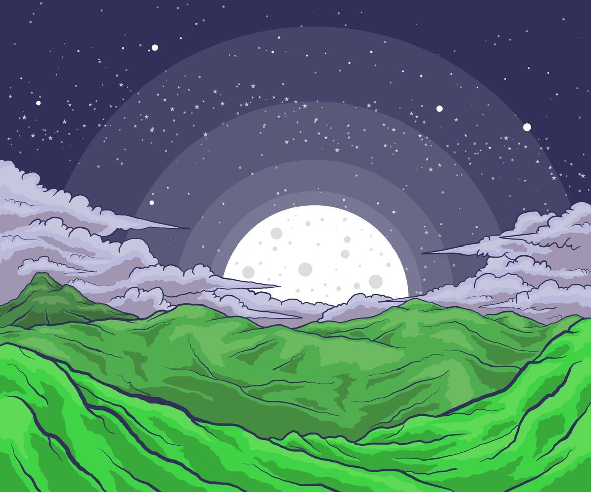 paysage nuageux nature avec montagnes et pleine lune dans le ciel nocturne vecteur