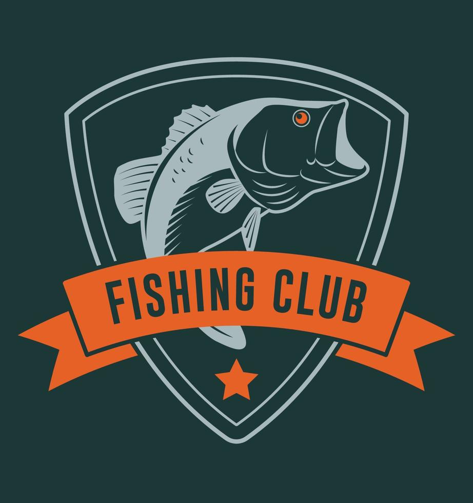 insigne de club de pêche avec ruban et illustration de poisson bar pour t-shirt et autres utilisations vecteur