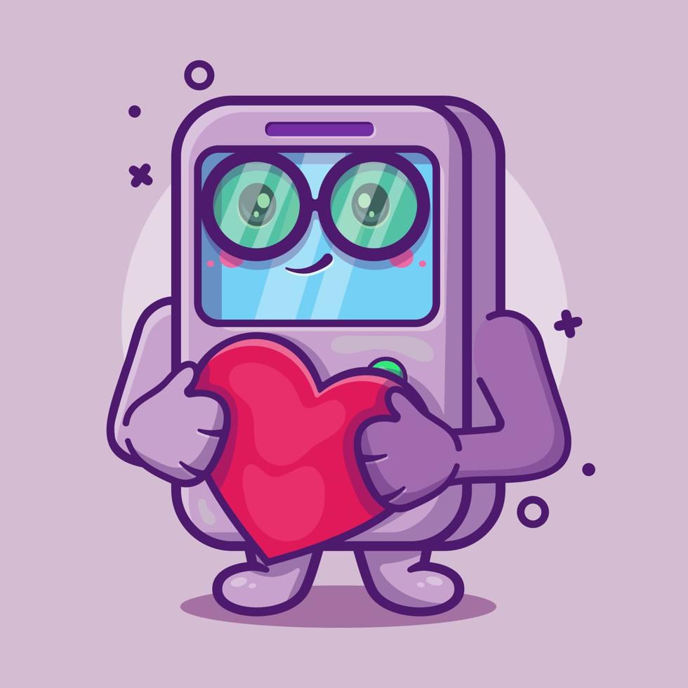 mascotte de personnage de jeu vidéo portable mignon avec tenant un signe d'amour dessin animé isolé de coeur dans un style plat vecteur