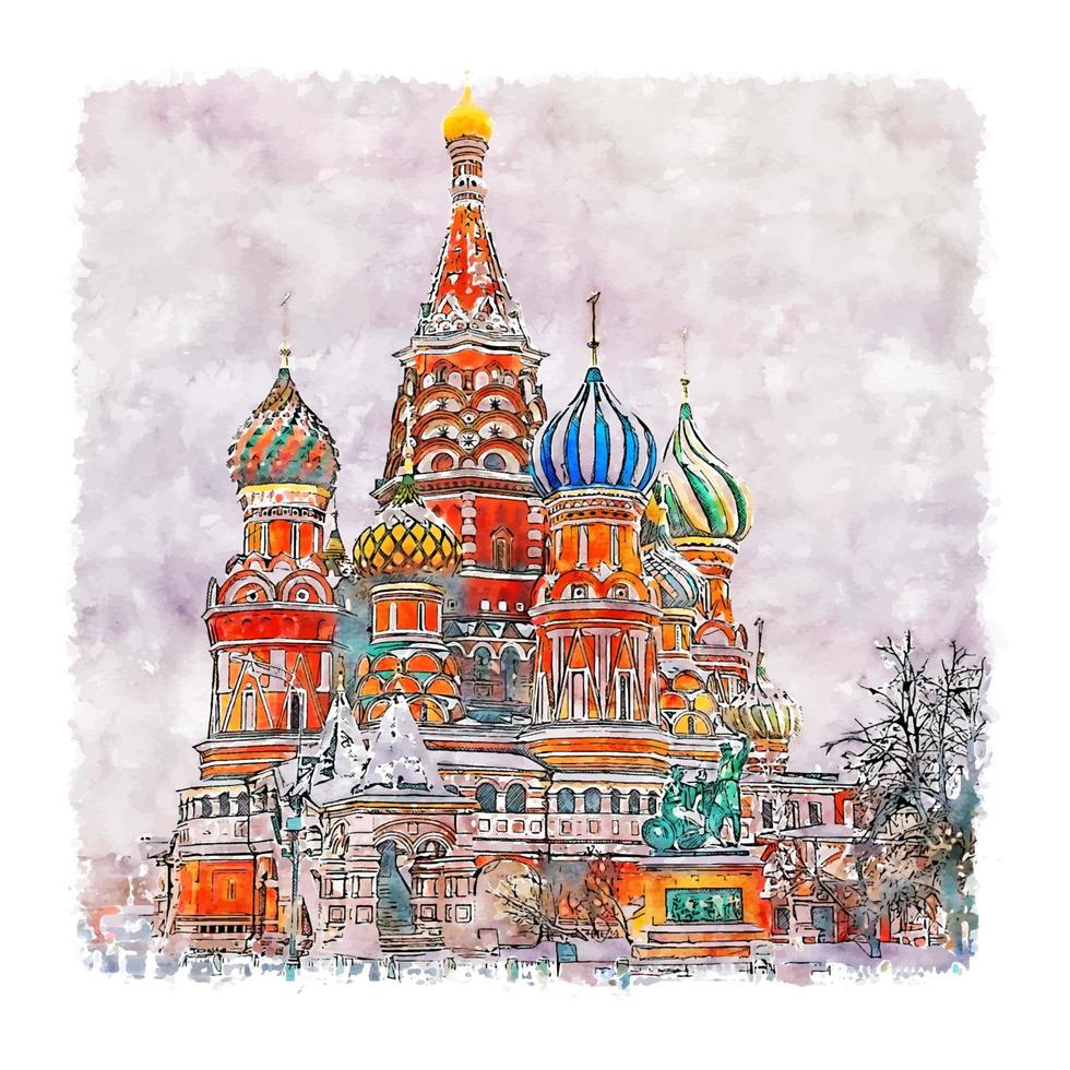 carré rouge moscou russie croquis aquarelle illustration dessinée à la main vecteur