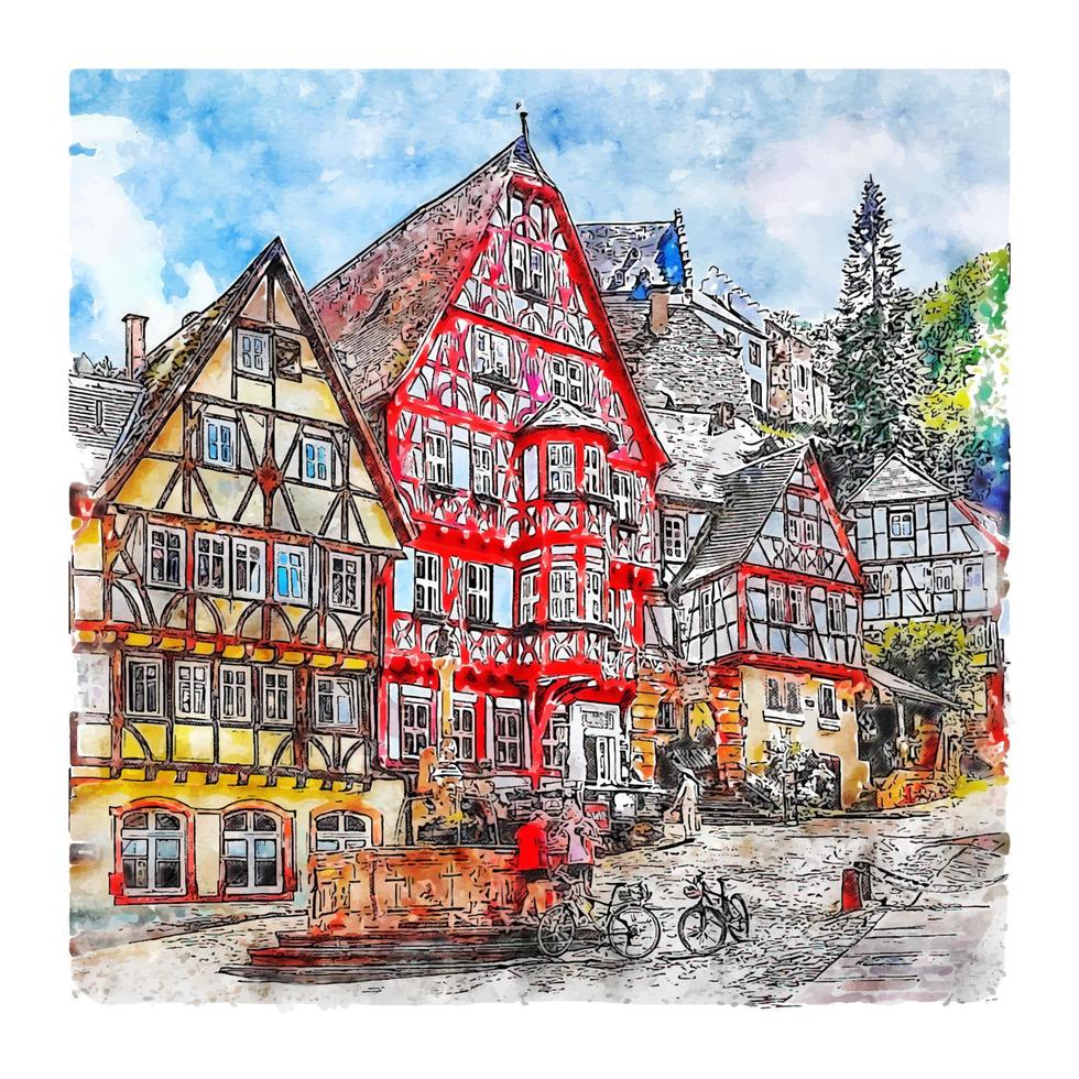 miltenberg allemagne croquis aquarelle illustration dessinée à la main vecteur