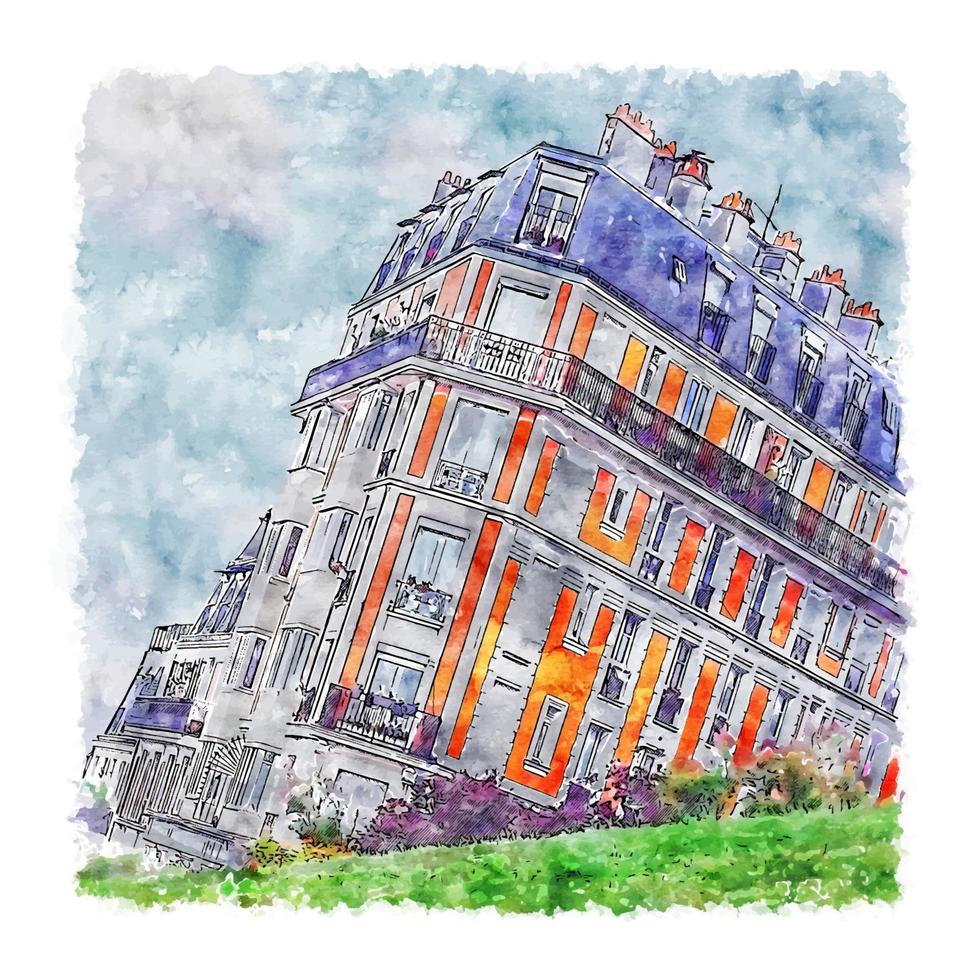 montmartre paris aquarelle croquis illustration dessinée à la main vecteur