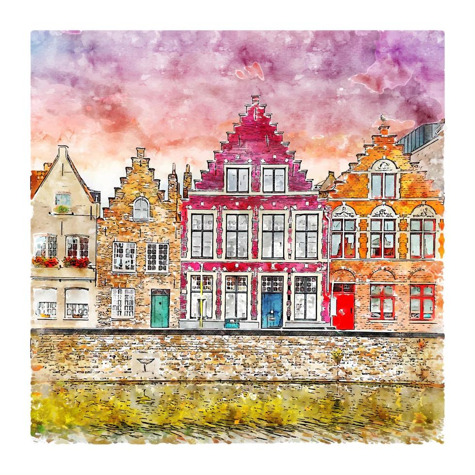 brugge belgique croquis aquarelle illustration dessinée à la main vecteur