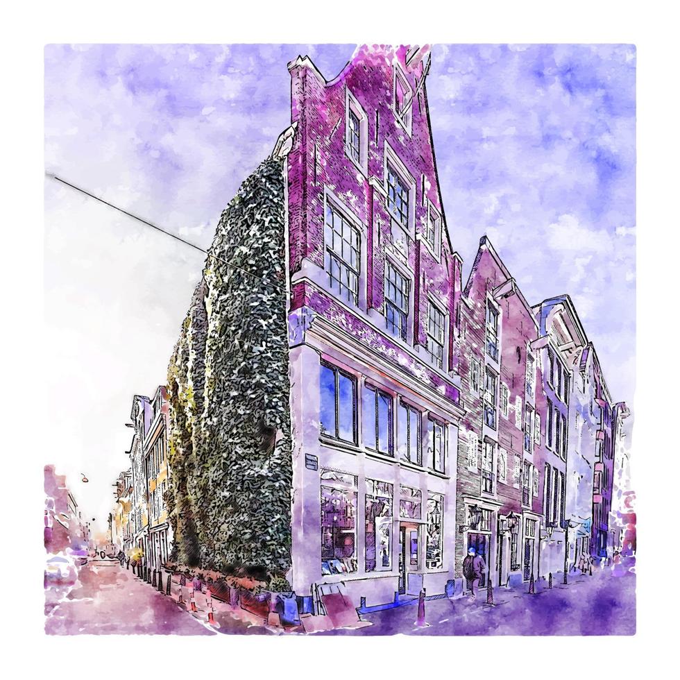 architecture amsterdam pays bas aquarelle croquis illustration dessinée à la main vecteur