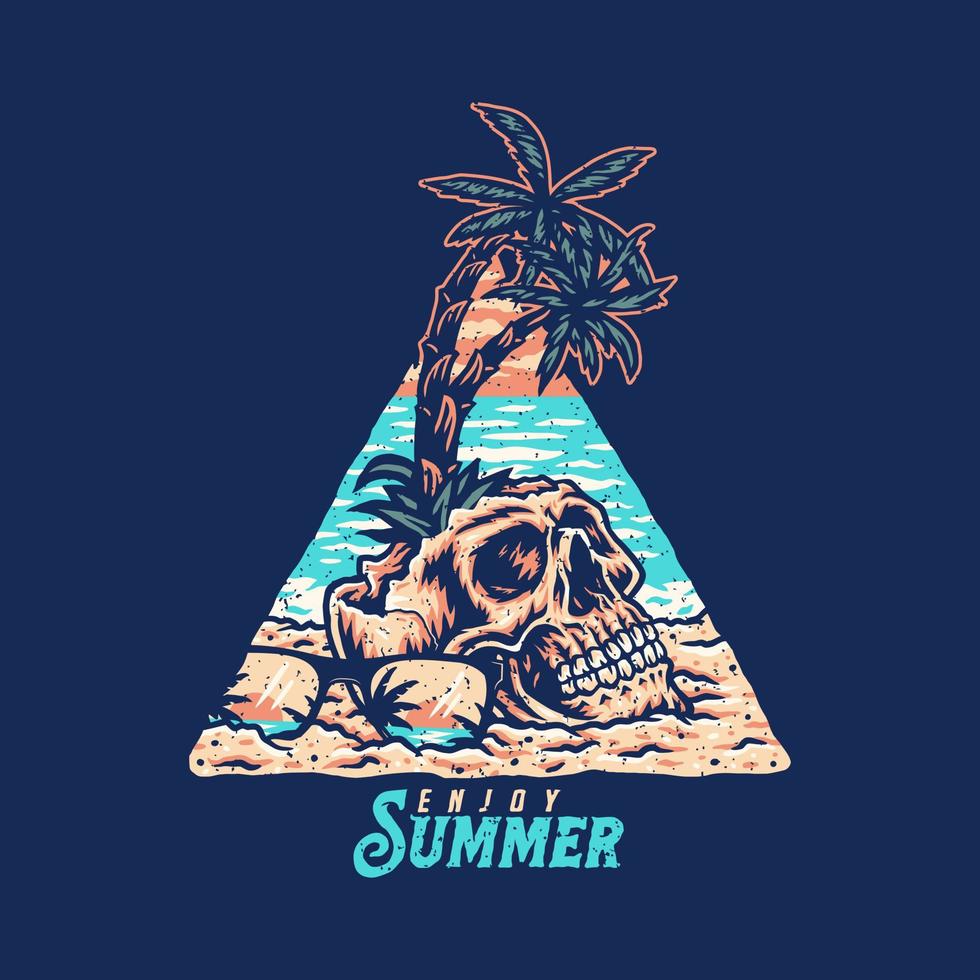 conception graphique de t-shirt de plage d'été de crâne, style de ligne dessiné à la main avec couleur numérique, illustration vectorielle vecteur