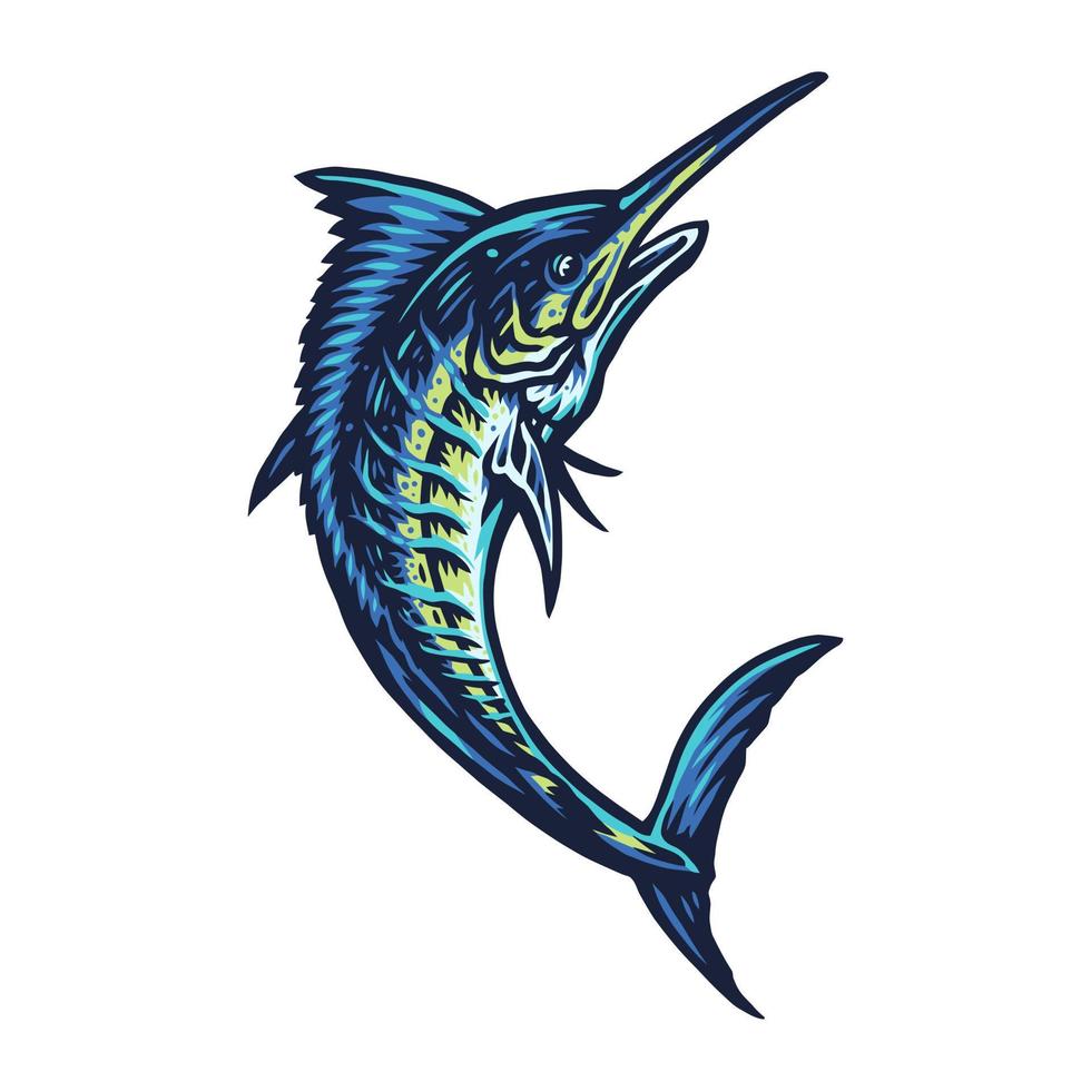 poisson marlin bleu, style de ligne dessiné à la main avec couleur numérique, illustration vectorielle vecteur