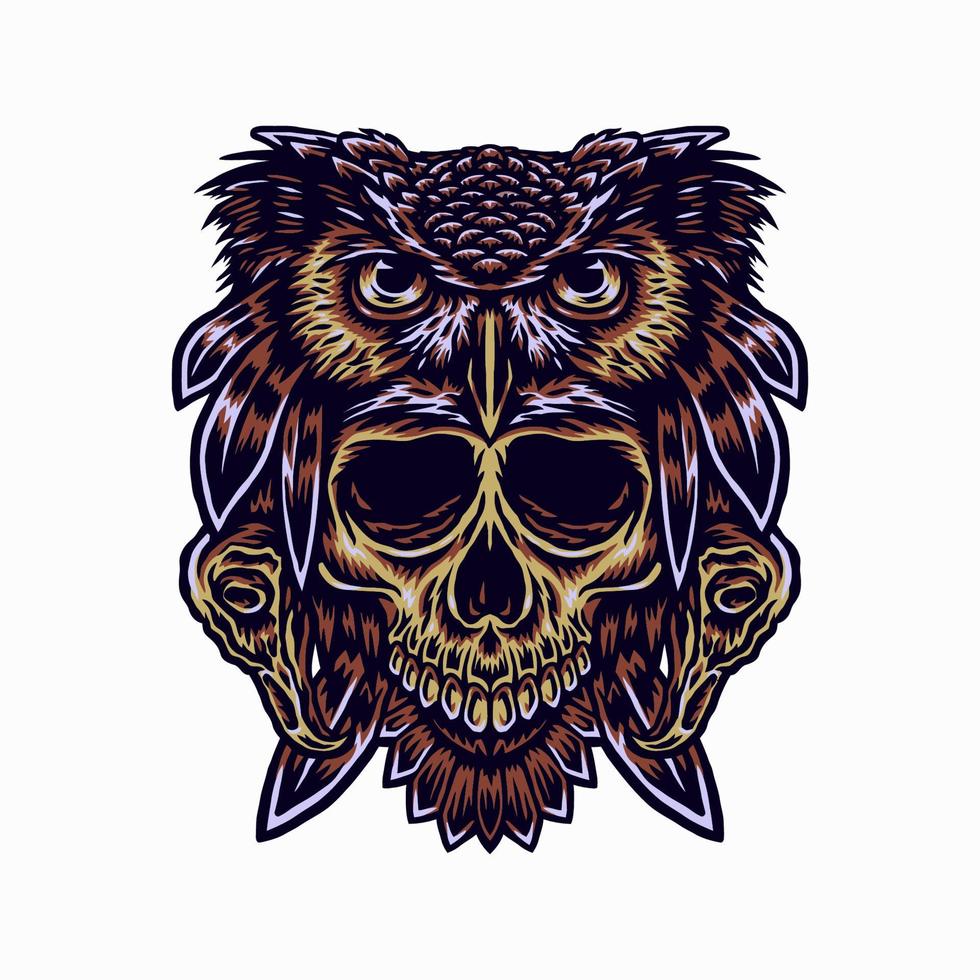 hibou avec crâne, ligne dessinée à la main avec couleur numérique, illustration vectorielle vecteur