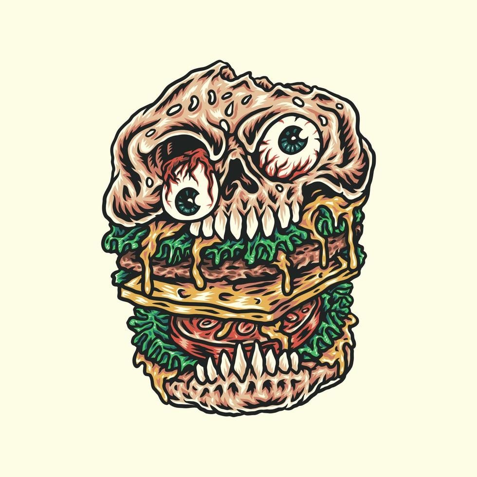 crâne burger style de ligne dessiné à la main avec couleur numérique, illustration vectorielle vecteur