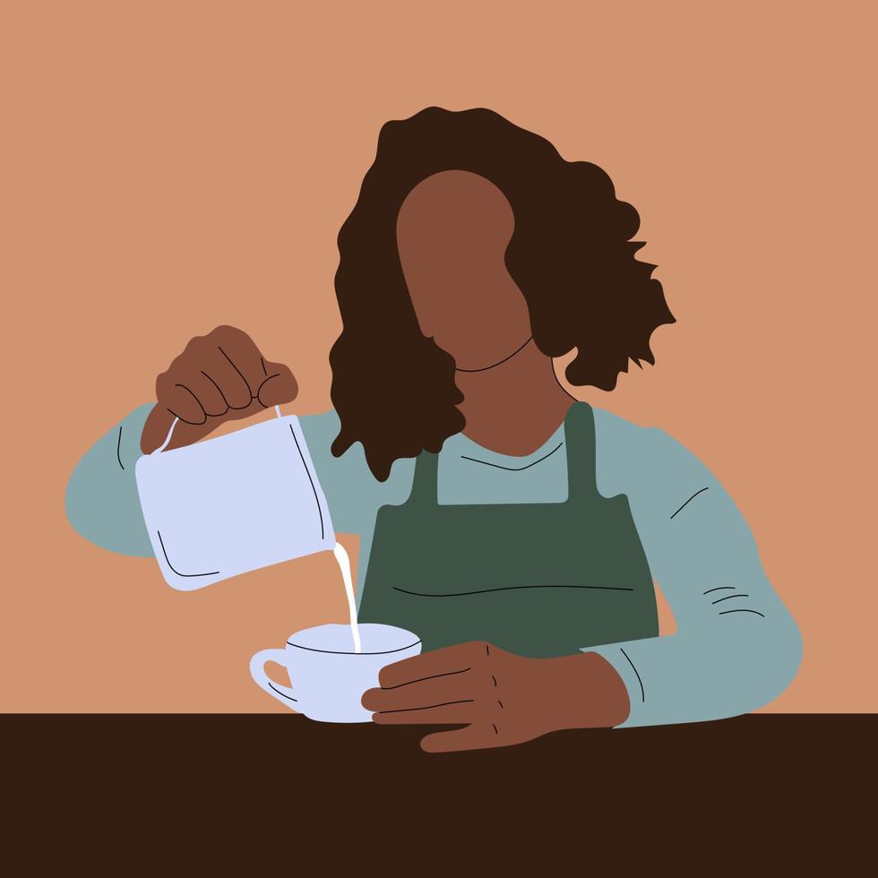 une femme noire qui travaille comme baristas verse du café et du lait transformés dans du verre. illustration vectorielle dessinés à la main isolé vecteur