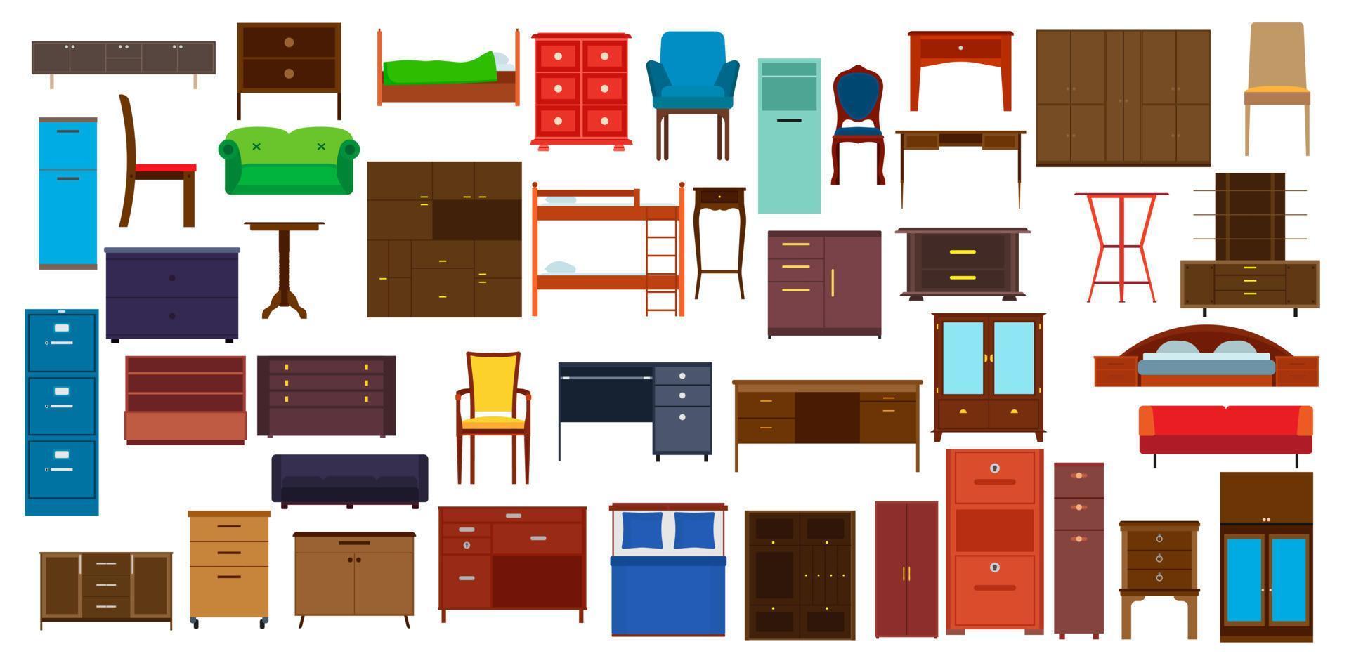 conception de jeu d'icônes de meubles pour la collection de symboles de salle intérieure et de maison. illustration vectorielle d'élément de bureau et style d'objet d'appartement d'armoire. enseigne de luxe confortable et chaise, table, canapé, armoire vecteur