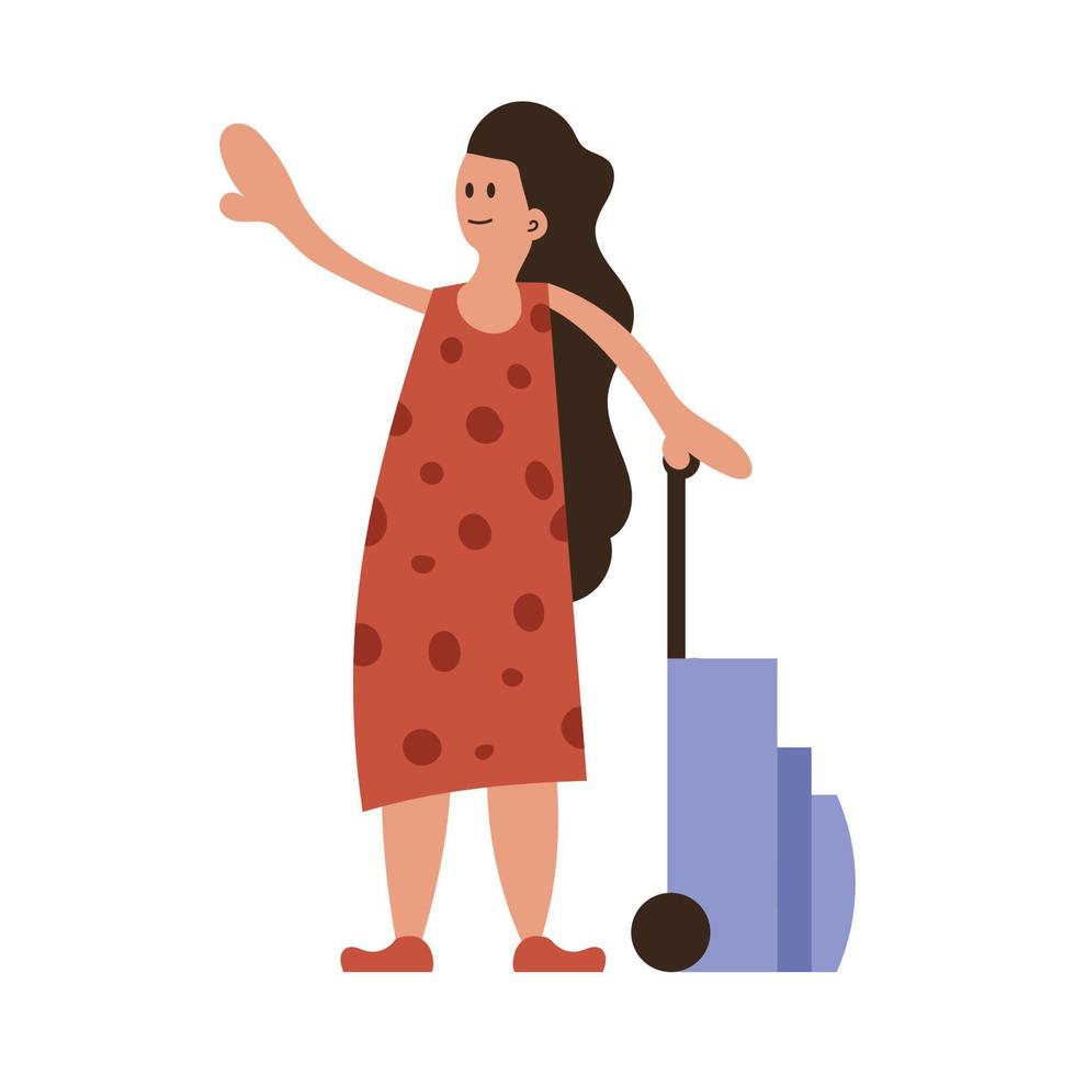 femme avec bagages voyage et bagages de vacances. tourisme de voyage et tourisme de vacances. dessin animé d'homme d'affaires de départ et voyageur transportant l'arrivée. mode de vie d'été aventure et voyage femme vecteur