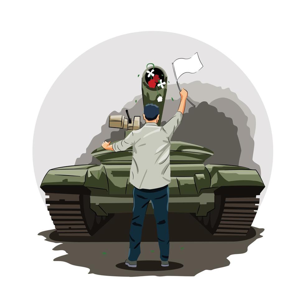 faire la paix pas la guerre arrêter la violence mettre fin à la guerre illustration homme arrêter un tank vecteur