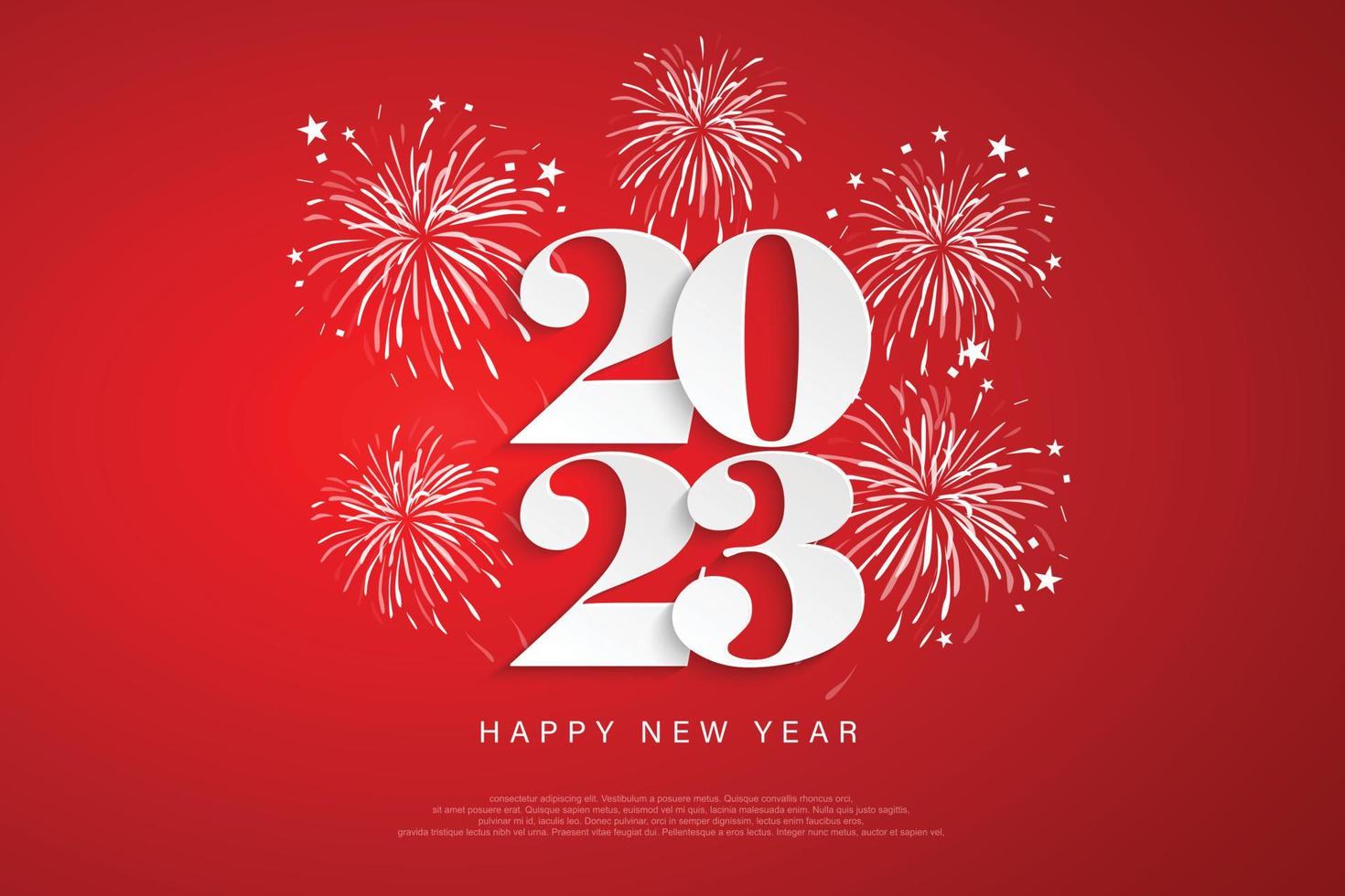 bonne année 2023 création de numéros pour affiches, brochures, bannières, sites Web, sur fond rouge et feux d'artifice. illustration vectorielle vecteur