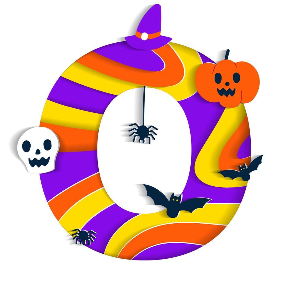 joyeux halloween o alphabet fête police typographie personnage dessin animé effrayant horreur avec coloré 3d couche papier découpé type conception célébration vecteur illustration crâne citrouille chauve-souris chapeau de sorcière toile d'araignée