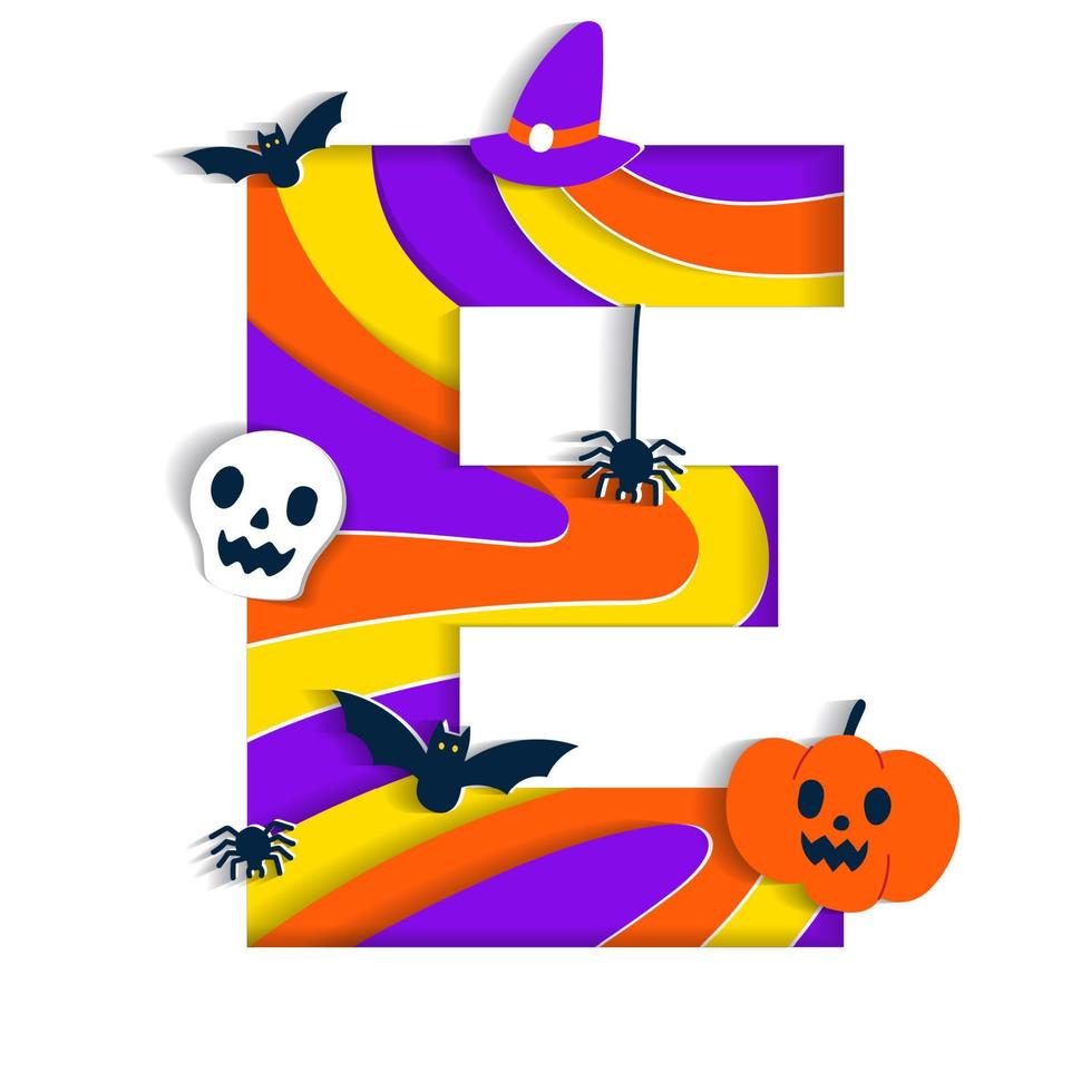 joyeux halloween e alphabet fête police typographie personnage dessin animé effrayant horreur avec coloré 3d couche papier découpé type conception célébration vecteur illustration crâne citrouille chauve-souris chapeau de sorcière toile d'araignée