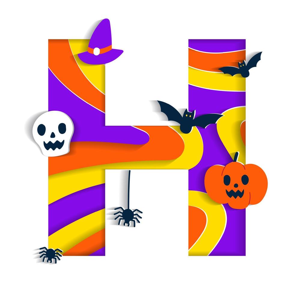 joyeux halloween h alphabet fête police typographie personnage dessin animé effrayant horreur avec coloré 3d couche papier découpé type conception célébration vecteur illustration crâne citrouille chauve-souris chapeau de sorcière toile d'araignée