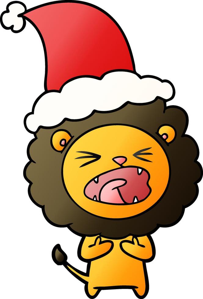 dessin animé dégradé d'un lion portant un bonnet de noel vecteur