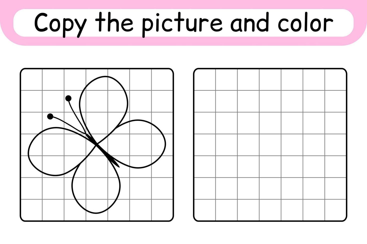 copier l'image et colorier le papillon. compléter le tableau. terminer l'image. livre de coloriage. jeu d'exercices de dessin éducatif pour les enfants vecteur