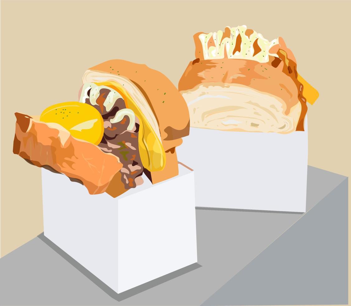illustrations et images vectorielles, pain grillé très délicieux, fromage fondu et grosse viande plus un jaune d'oeuf tentant, profitez-en vecteur