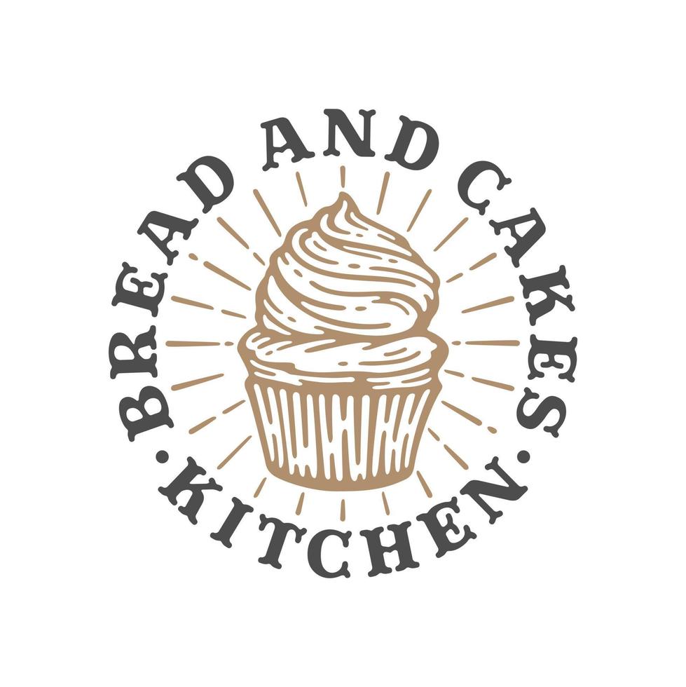 logo cupcakes boulangerie en illustration vintage doodle, modèle de conception de pain et de gâteaux d'étiquette. vecteur