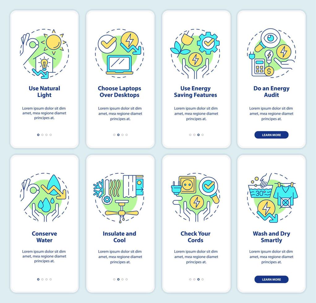 ensemble d'écrans d'application mobile d'intégration d'efficacité énergétique. conseils pour la maison et le bureau instructions graphiques modifiables en 4 étapes avec des concepts linéaires. ui, ux, modèle d'interface graphique. vecteur