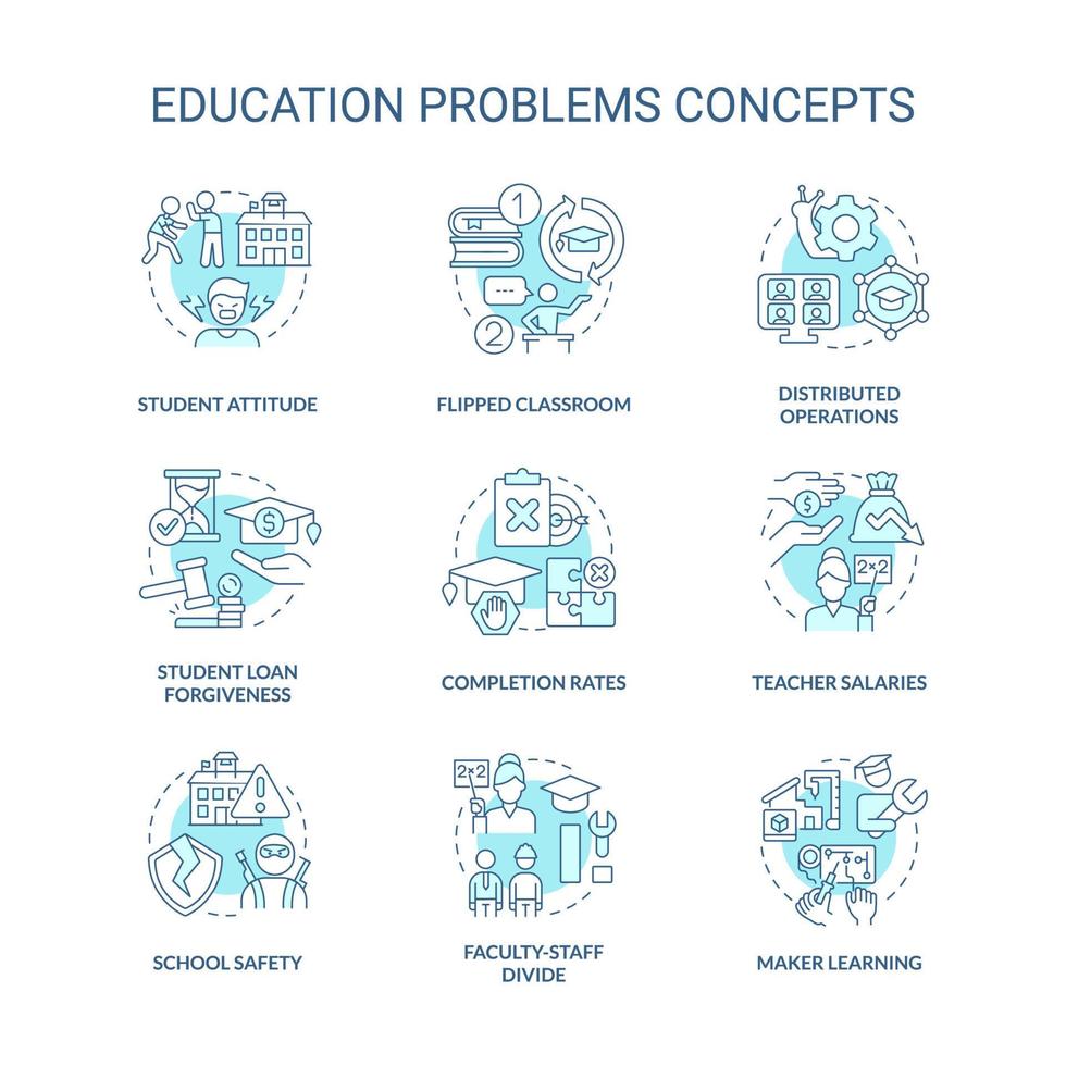 jeu d'icônes de concept turquoise problème d'éducation. problèmes des étudiants. l'éducation défie l'idée d'illustrations en couleur de ligne mince. symboles isolés. trait modifiable. vecteur