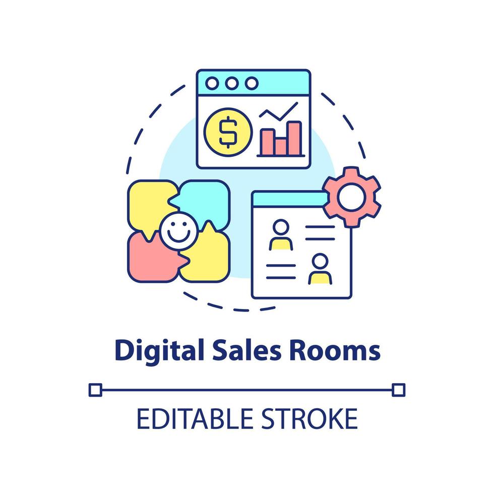 icône de concept de salles de vente numériques. outil de vente idée abstraite illustration de ligne mince. canaux virtuels pour le partage de contenu. dessin de contour isolé. trait modifiable. vecteur