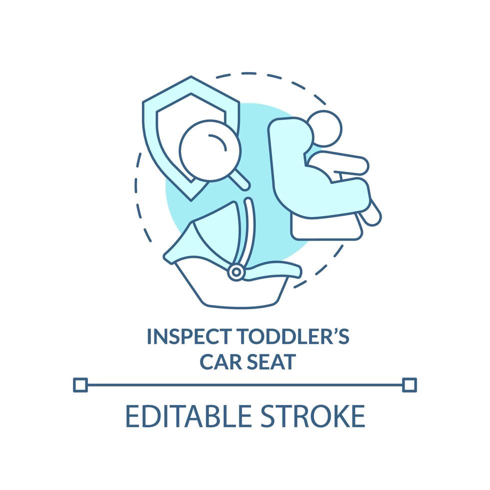 inspecter l'icône de concept turquoise du siège d'auto pour tout-petits. voyage avec les tout-petits recommandation idée abstraite illustration de la ligne mince. dessin de contour isolé. trait modifiable. vecteur