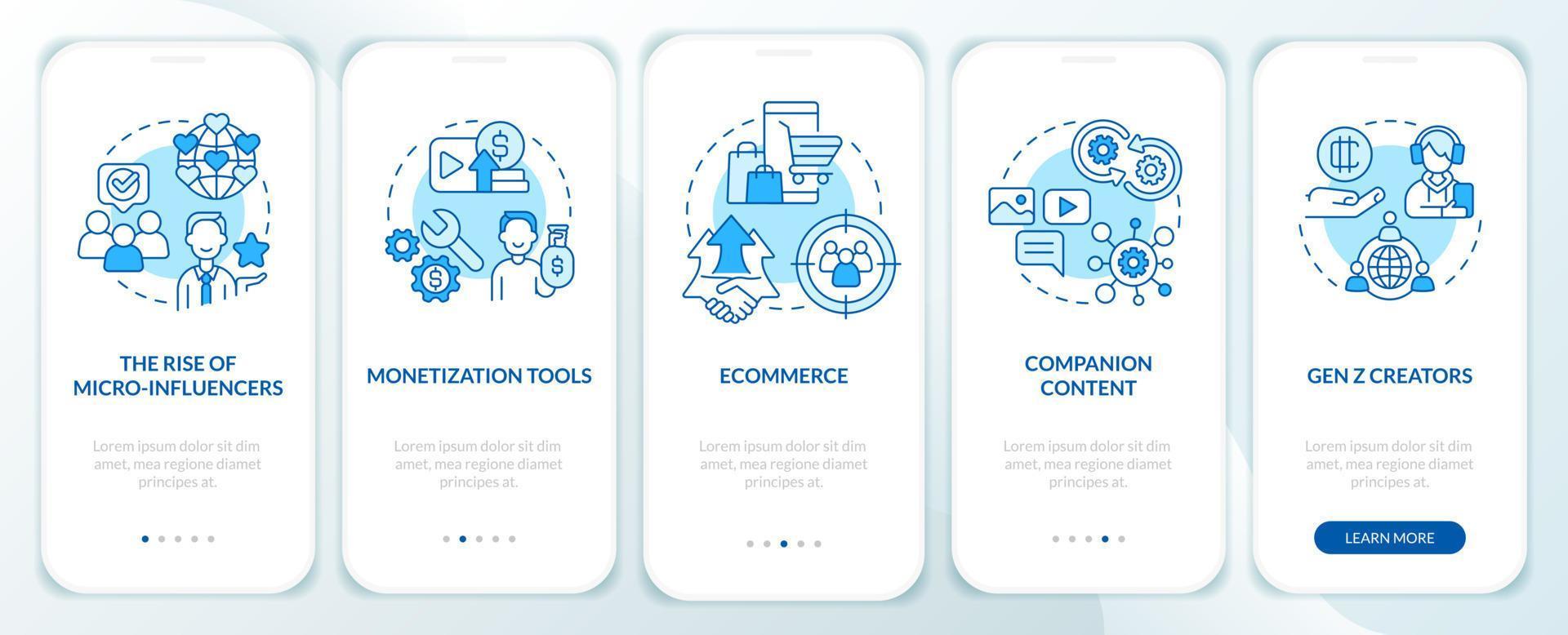 Écran de l'application mobile d'intégration bleue des tendances de l'économie des créateurs. instructions graphiques modifiables en 5 étapes avec des concepts linéaires. ui, ux, modèle d'interface graphique. vecteur