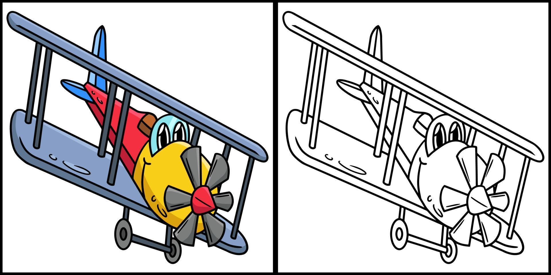 Coloriage avion à hélice avec visage véhicule vecteur