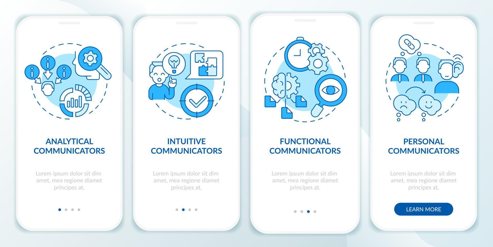 types courants de communicateurs écran d'application mobile d'intégration bleu. pages d'instructions graphiques en 4 étapes avec des concepts linéaires. ui, ux, modèle d'interface graphique. vecteur