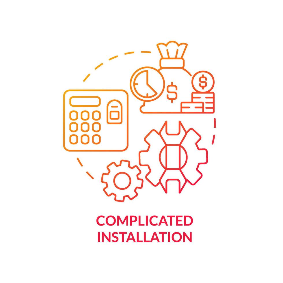 icône de concept de dégradé rouge d'installation compliquée. illustration de ligne mince d'idée abstraite d'inconvénient d'authentification biométrique. système coûteux. dessin de contour isolé. vecteur