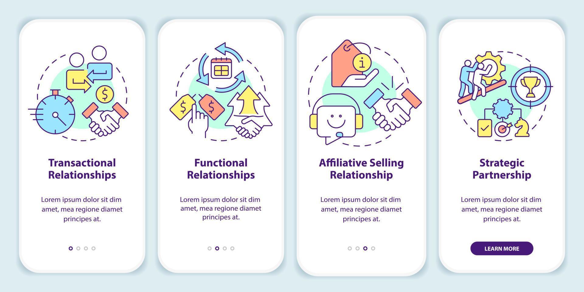 types de relations commerciales sur l'écran de l'application mobile d'intégration. procédure pas à pas de service instructions graphiques modifiables en 4 étapes avec des concepts linéaires. ui, ux, modèle d'interface graphique. vecteur