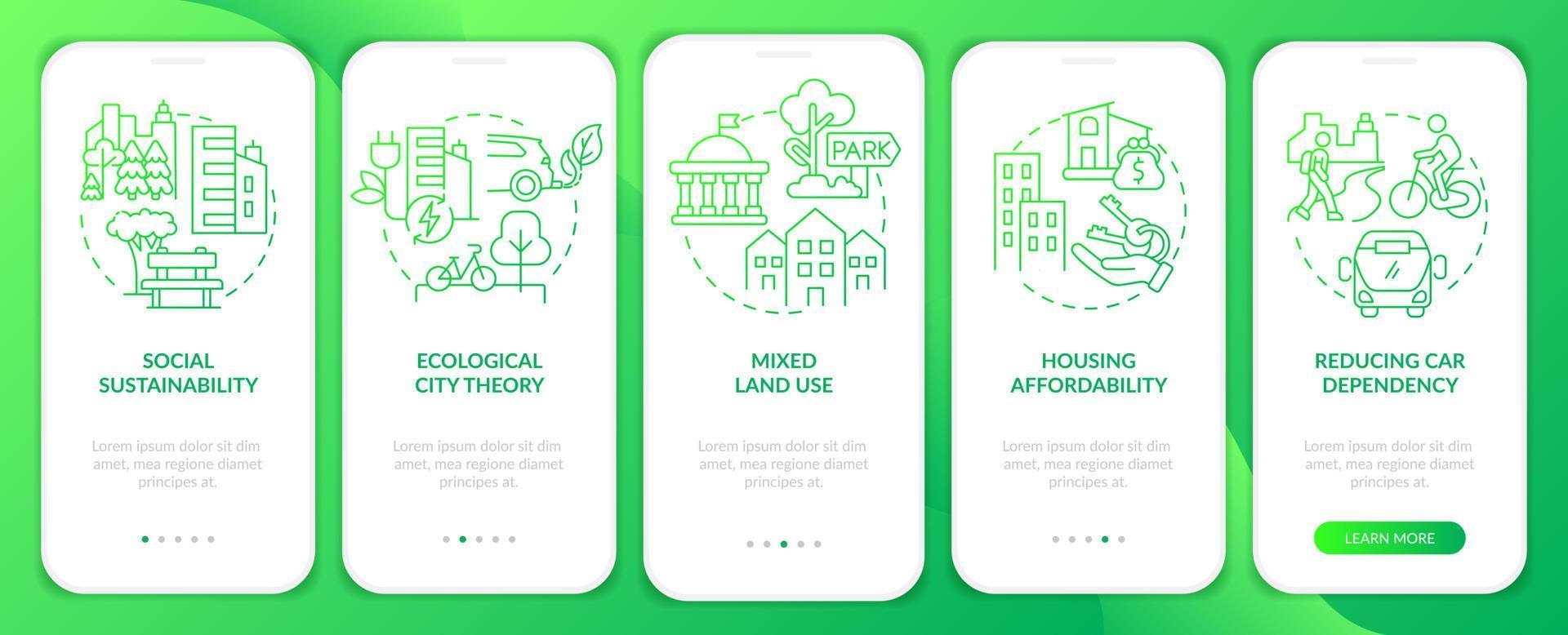 création d'un écran d'application mobile d'intégration de gradient vert de villes respectueuses de l'environnement. pas à pas en 5 étapes pages d'instructions graphiques avec des concepts linéaires. ui, ux, modèle d'interface graphique. vecteur